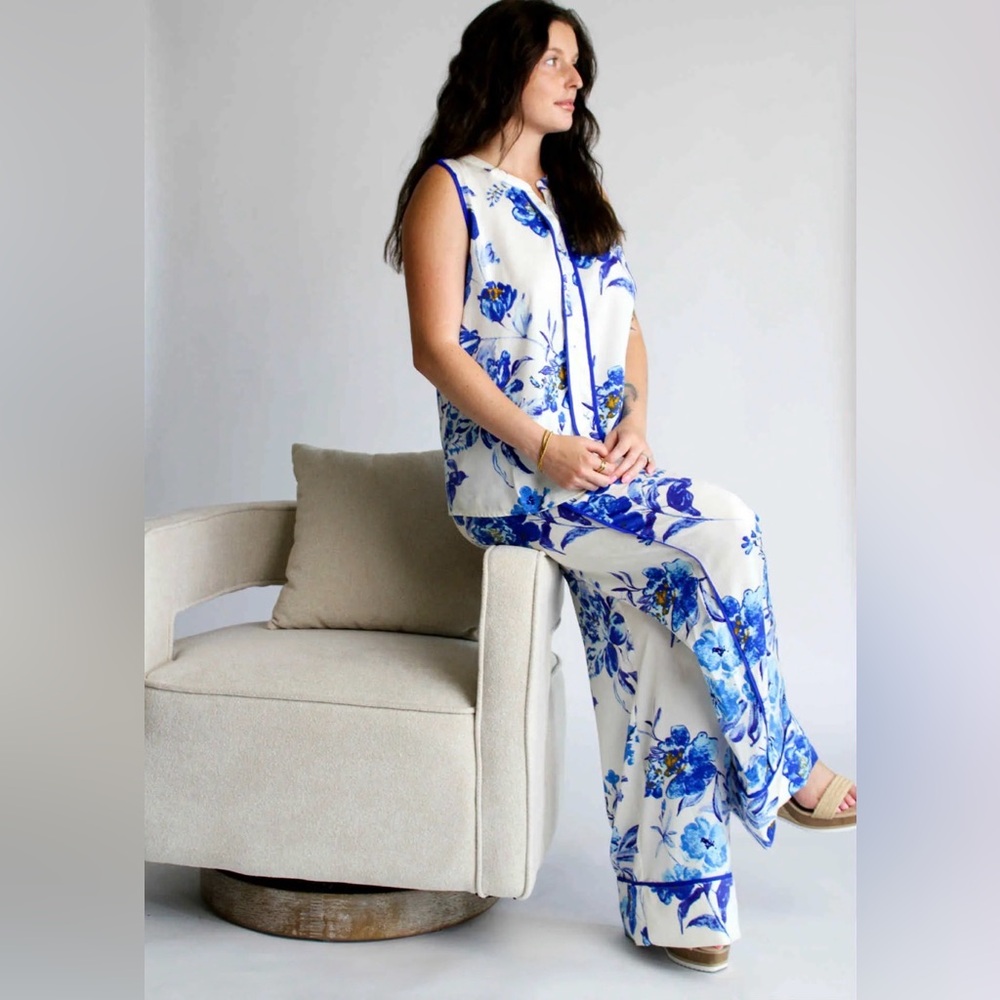 Oddi Los Angelos Resort Palazzo Pants Medium Satin Wide Leg Lounge Floral Vacay